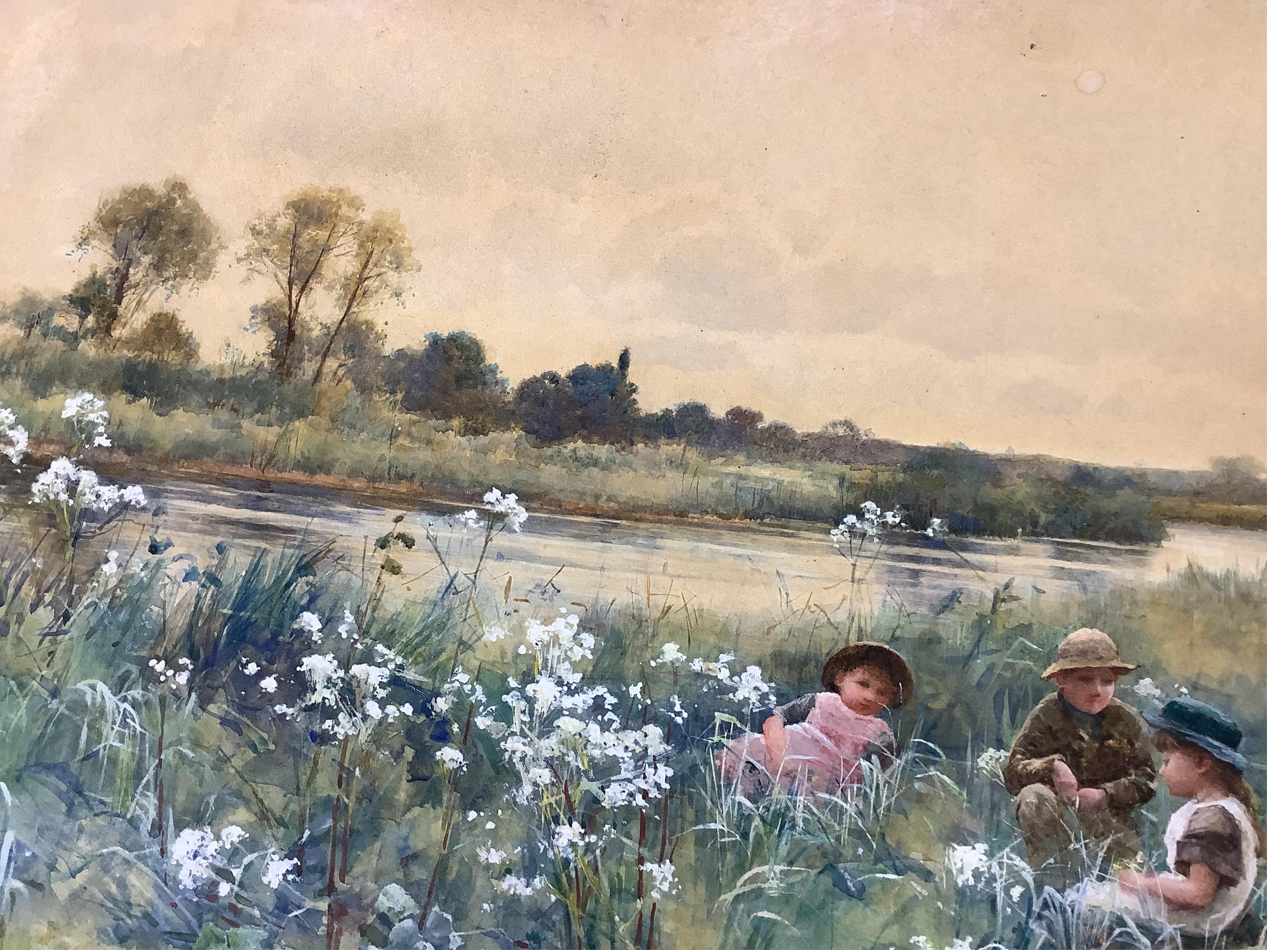 Hector Caffieri RI, RBA (1847-1932) Children at a riverside, signed, watercolour heightened with white, 25 x 38cm, housed in a gilt frame